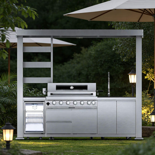 Castelle Flame Blaze 108-Inch 6-Burner 85K BTU Deluxe Stainless Steel Liquid Propane Outdoor Kitchen Grill Island With Wine Cooler, Rotisserie, Cabinets, And Granite Countertops (SAK58310)