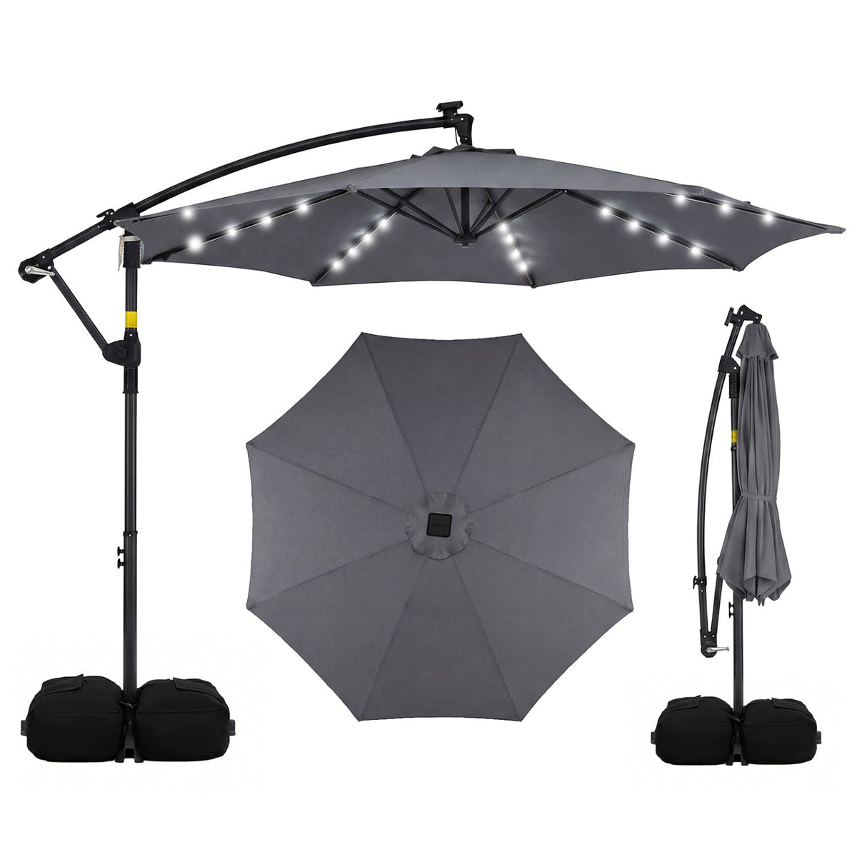 10 FT Solar LED Offset Cantilever Patio Umbrella Hanging Outdoor Market Umbrella