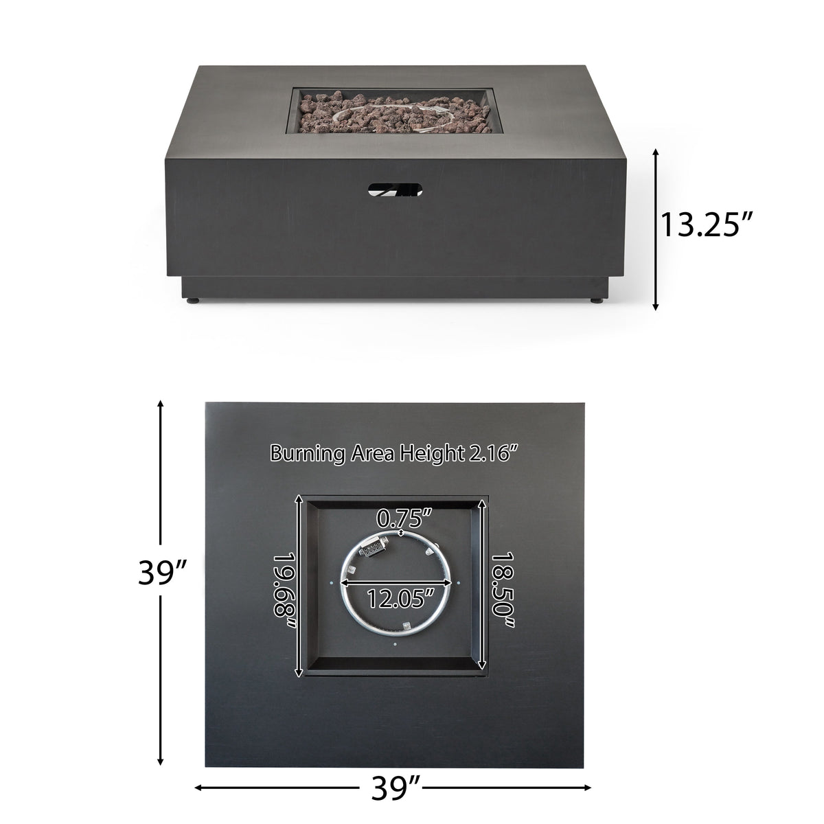 39'' Square Iron Fire Pit with 50,000 BTU Heating - Dark Gray
