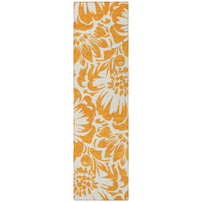 Orange and White Floral Washable Non Skid Indoor Outdoor Runner Rug