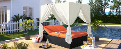 Outdoor Double Chaise Lounge Daybed with Adjustable Backrests and Curtains - Orange or Beige