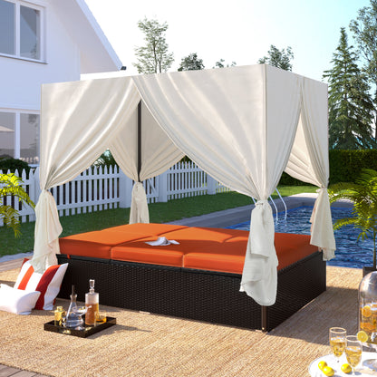 Outdoor Double Chaise Lounge Daybed with Adjustable Backrests and Curtains - Orange or Beige