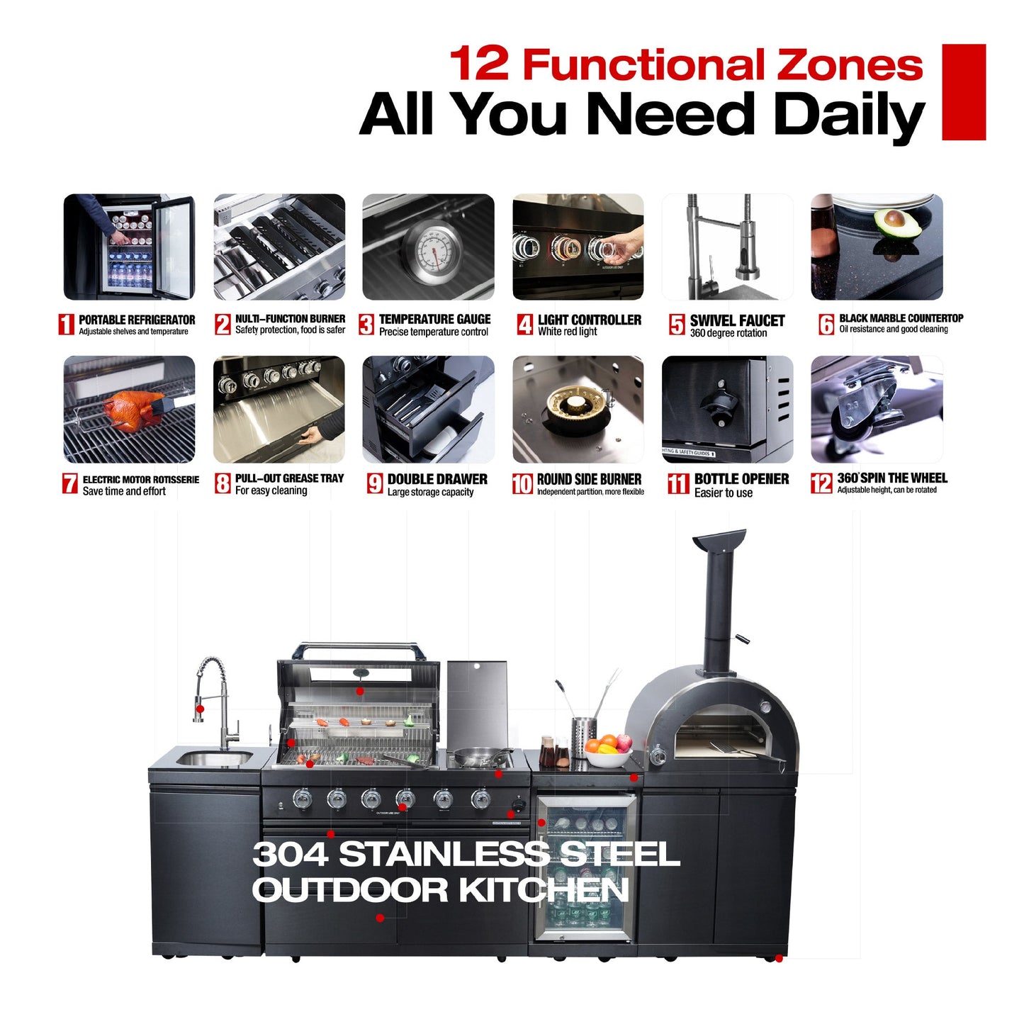 Black 112-Inch Double Stainless Steel Gas Outdoor Kitchen Grill