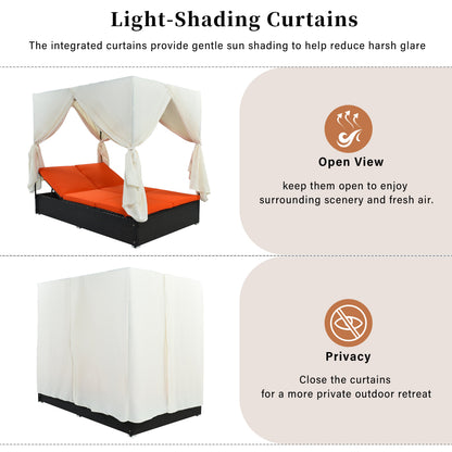 Outdoor Double Chaise Lounge Daybed with Adjustable Backrests and Curtains - Orange or Beige