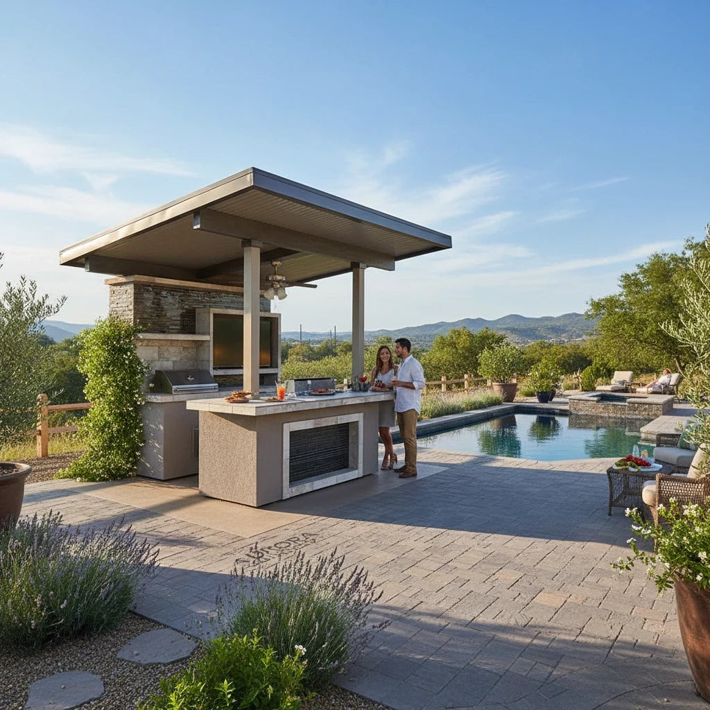 KoKoMo Baja Outdoor Kitchen with 12x12 Patio Cover – Complete Modular BBQ Island with Grill, Fridge & Bar Seating