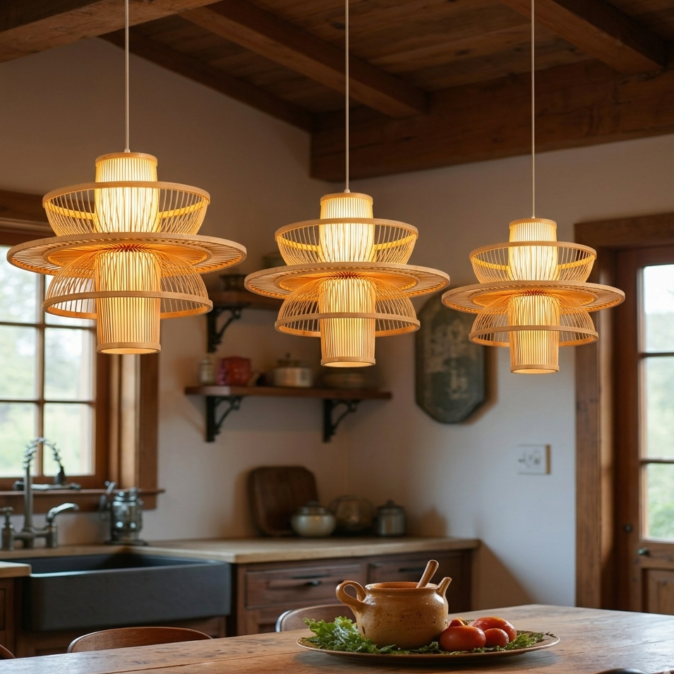 Modern Symmetry Bamboo Pendant Light - Artistic Layered Hanging Lamp