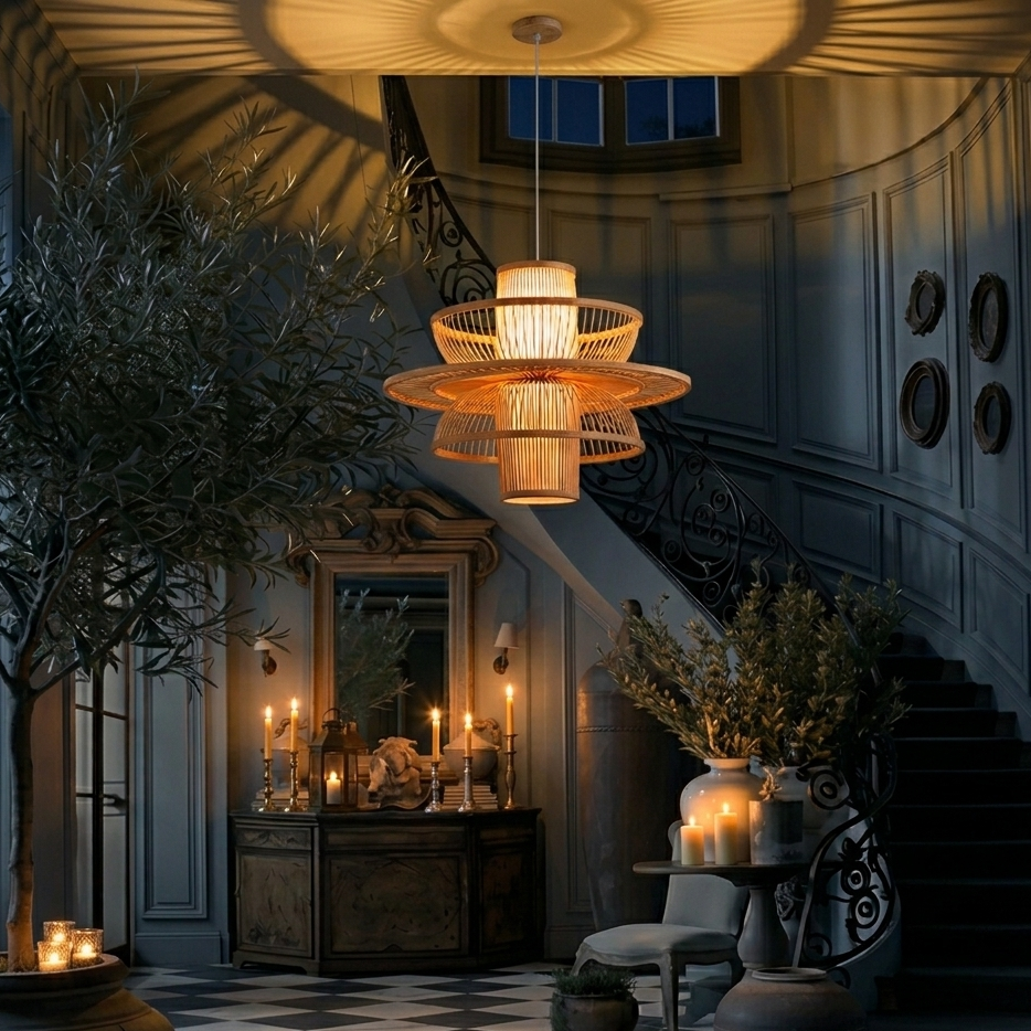 Modern Symmetry Bamboo Pendant Light - Artistic Layered Hanging Lamp