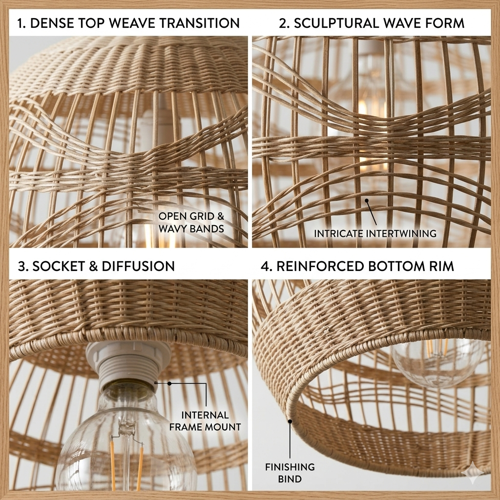 Spherical Rattan Woven Pendant – Sculptural Wavy-Pattern Globe Light