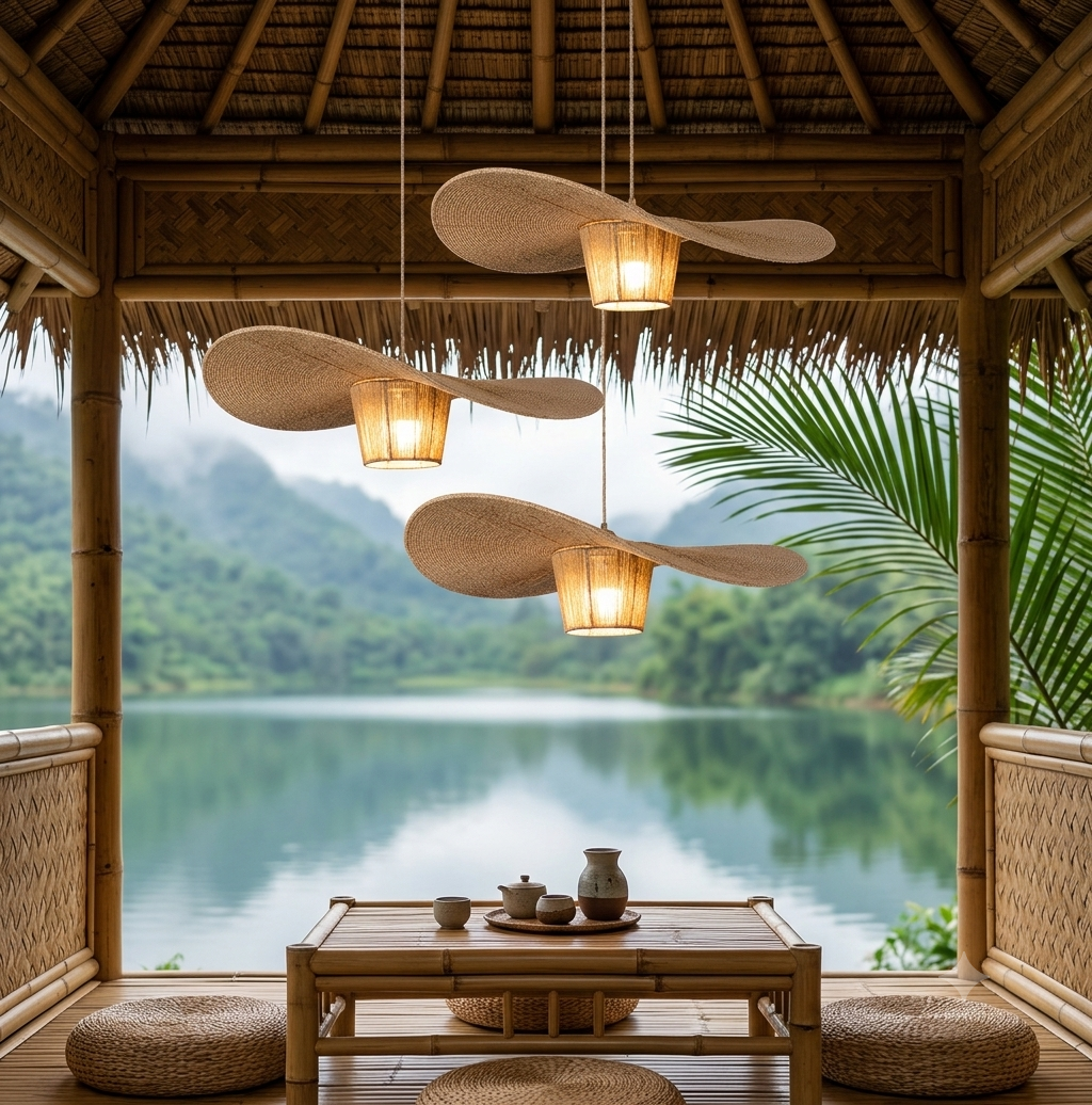 Rustic Hat-Style Pendant Light | Wabi-Sabi Natural Decor
