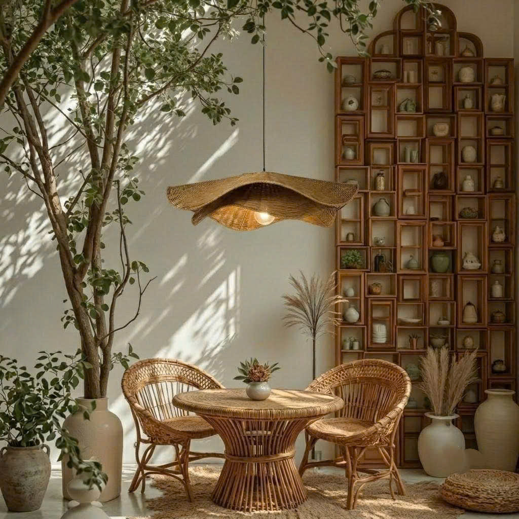 Handcrafted Wavy Leaf Rattan Pendant Light | Organic Petal Hanging Lamp