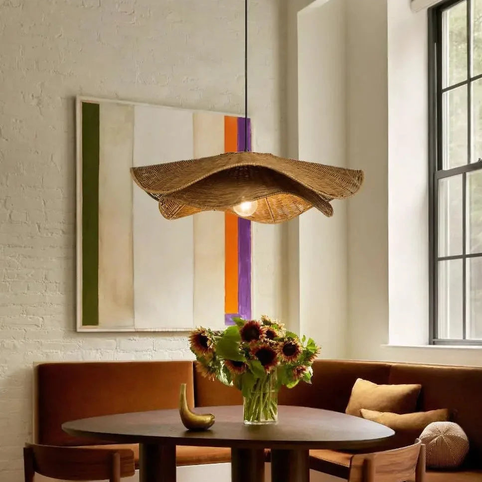 Handcrafted Wavy Leaf Rattan Pendant Light | Organic Petal Hanging Lamp