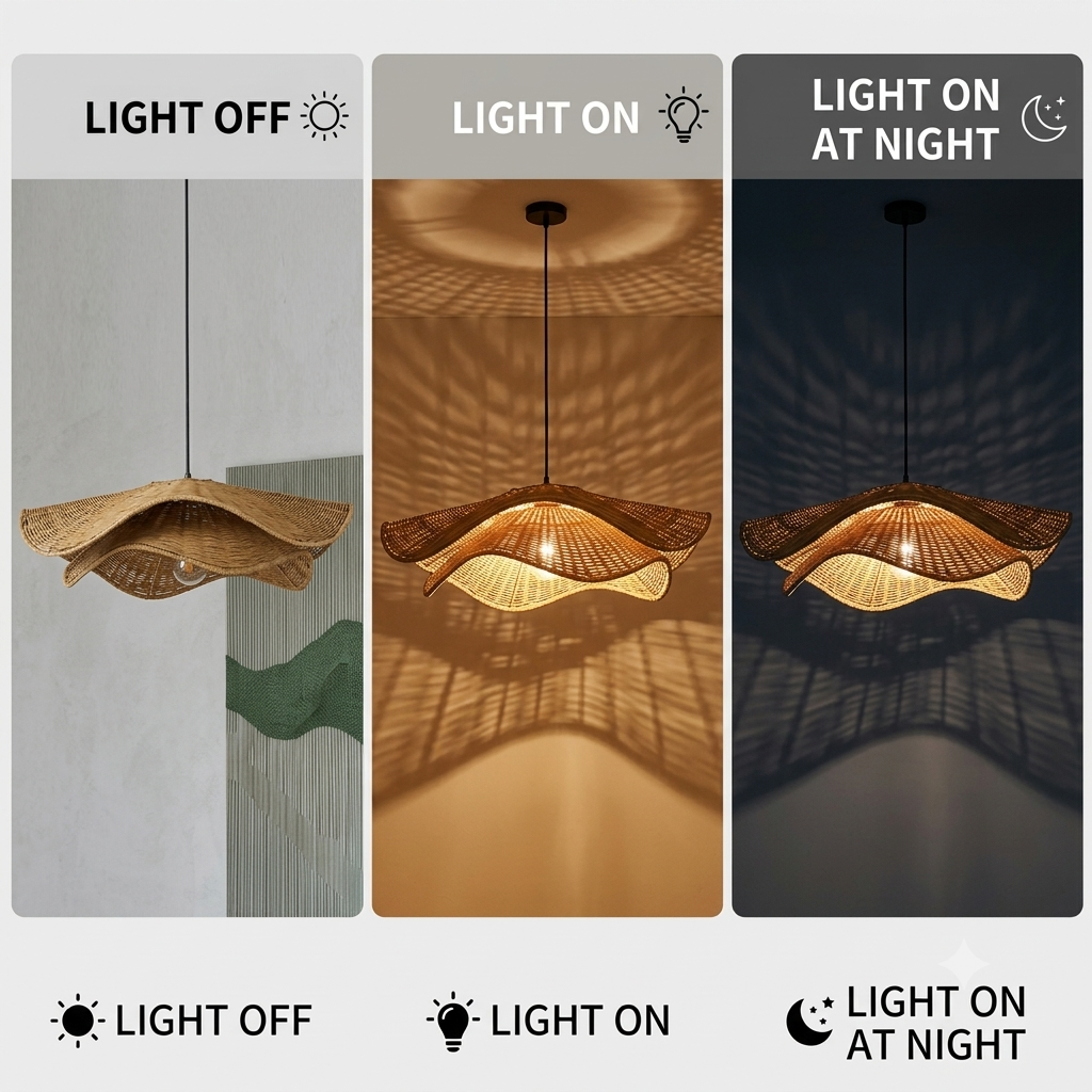 Handcrafted Wavy Leaf Rattan Pendant Light | Organic Petal Hanging Lamp
