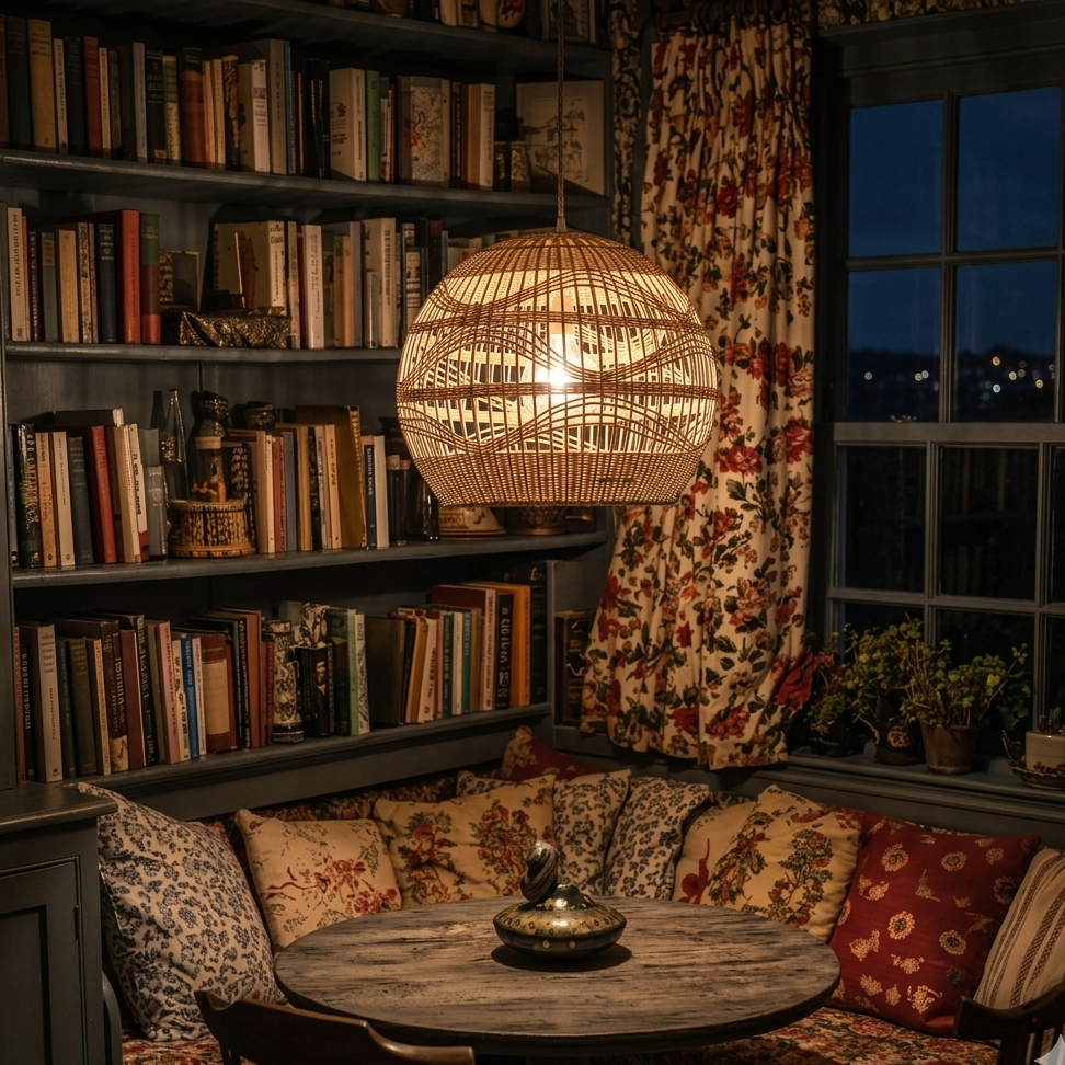 Spherical Rattan Woven Pendant – Sculptural Wavy-Pattern Globe Light