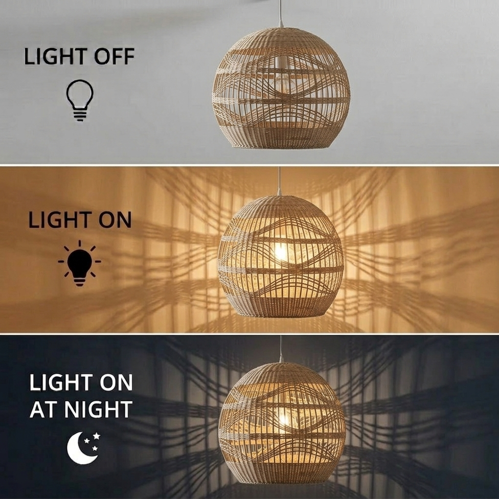 Spherical Rattan Woven Pendant – Sculptural Wavy-Pattern Globe Light
