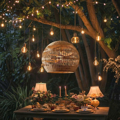 Spherical Rattan Woven Pendant – Sculptural Wavy-Pattern Globe Light