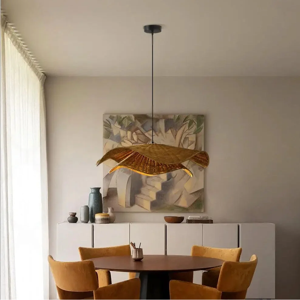 Handcrafted Wavy Leaf Rattan Pendant Light | Organic Petal Hanging Lamp