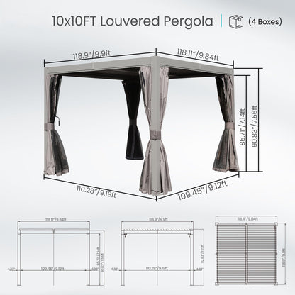 10x10 FT Outdoor Louvered Pergola with Adjustable Louvers - Modern Gray