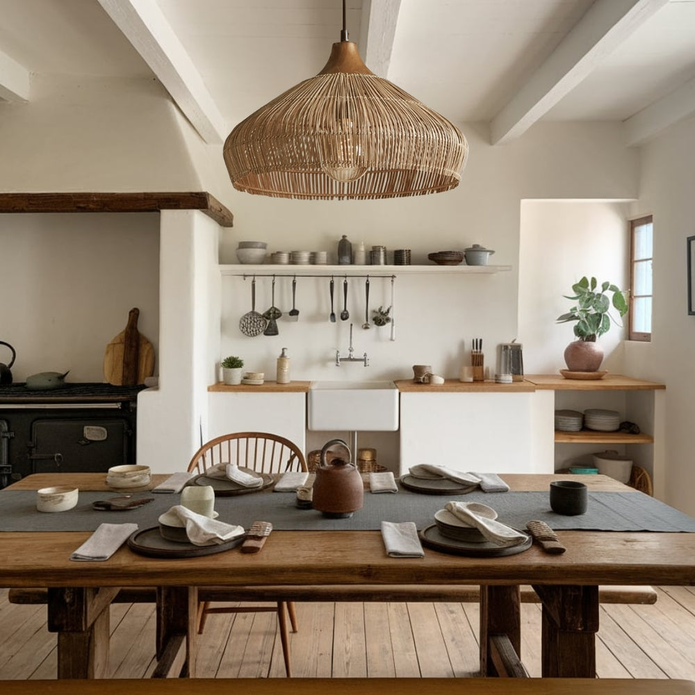 Handwoven Rattan and Wood Pendant Light | Rustic Boho Hanging Lamp