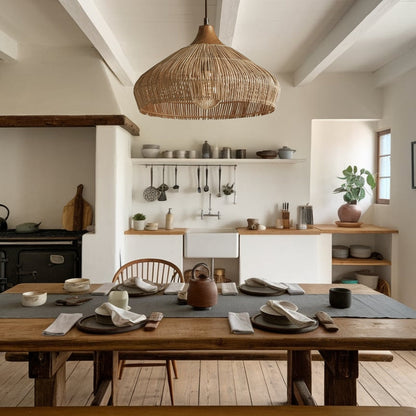 Handwoven Rattan and Wood Pendant Light | Rustic Boho Hanging Lamp
