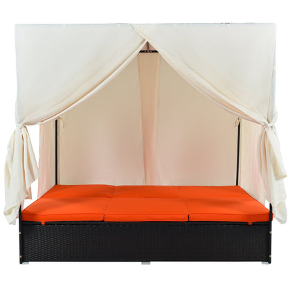 Outdoor Double Chaise Lounge Daybed with Adjustable Backrests and Curtains - Orange or Beige