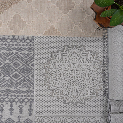 Guros Medallion Indoor / Outdoor Area Rug with Stain Resistance - Dark Gray or White