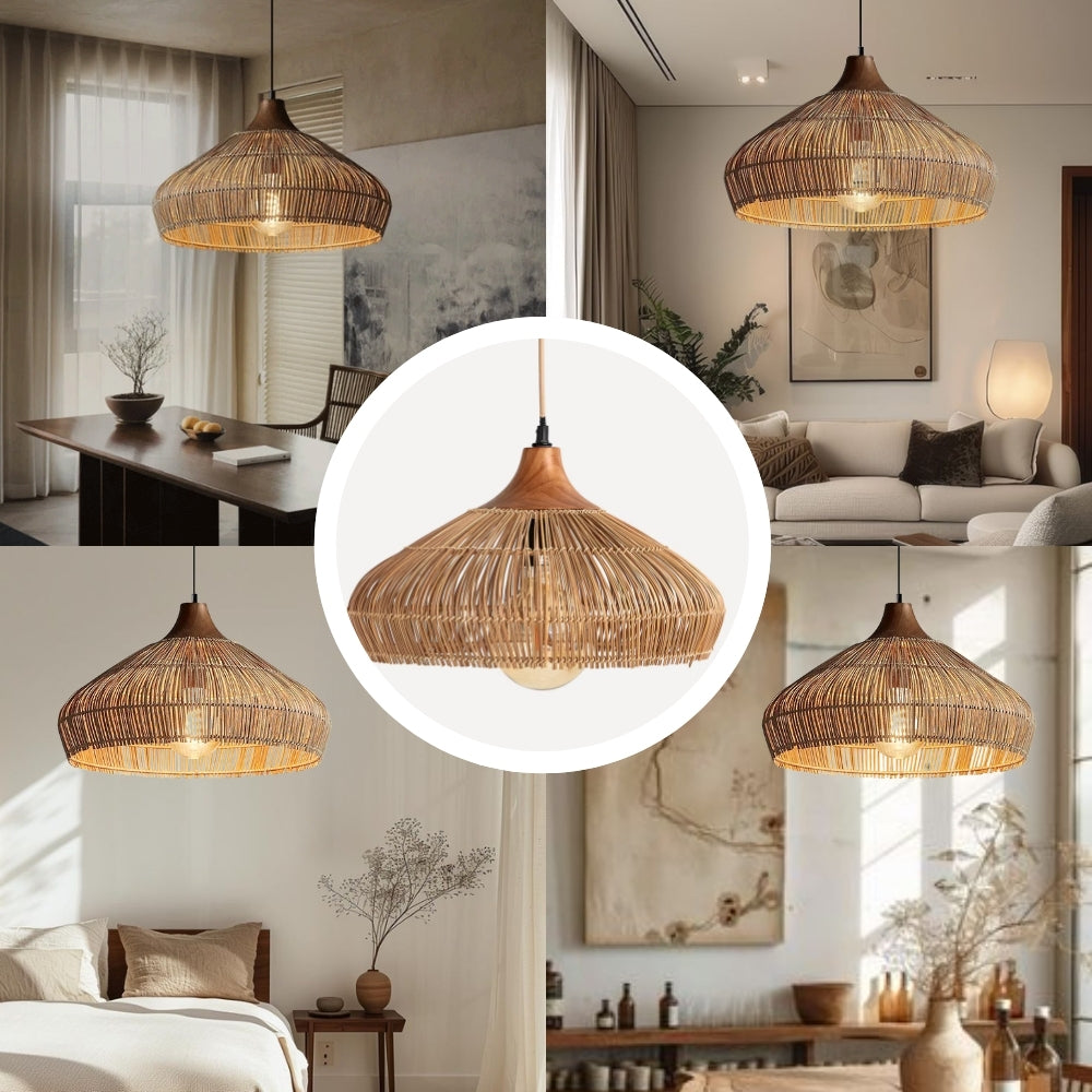 Handwoven Rattan and Wood Pendant Light | Rustic Boho Hanging Lamp
