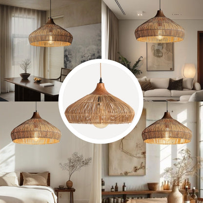 Handwoven Rattan and Wood Pendant Light | Rustic Boho Hanging Lamp