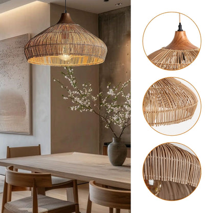Handwoven Rattan and Wood Pendant Light | Rustic Boho Hanging Lamp