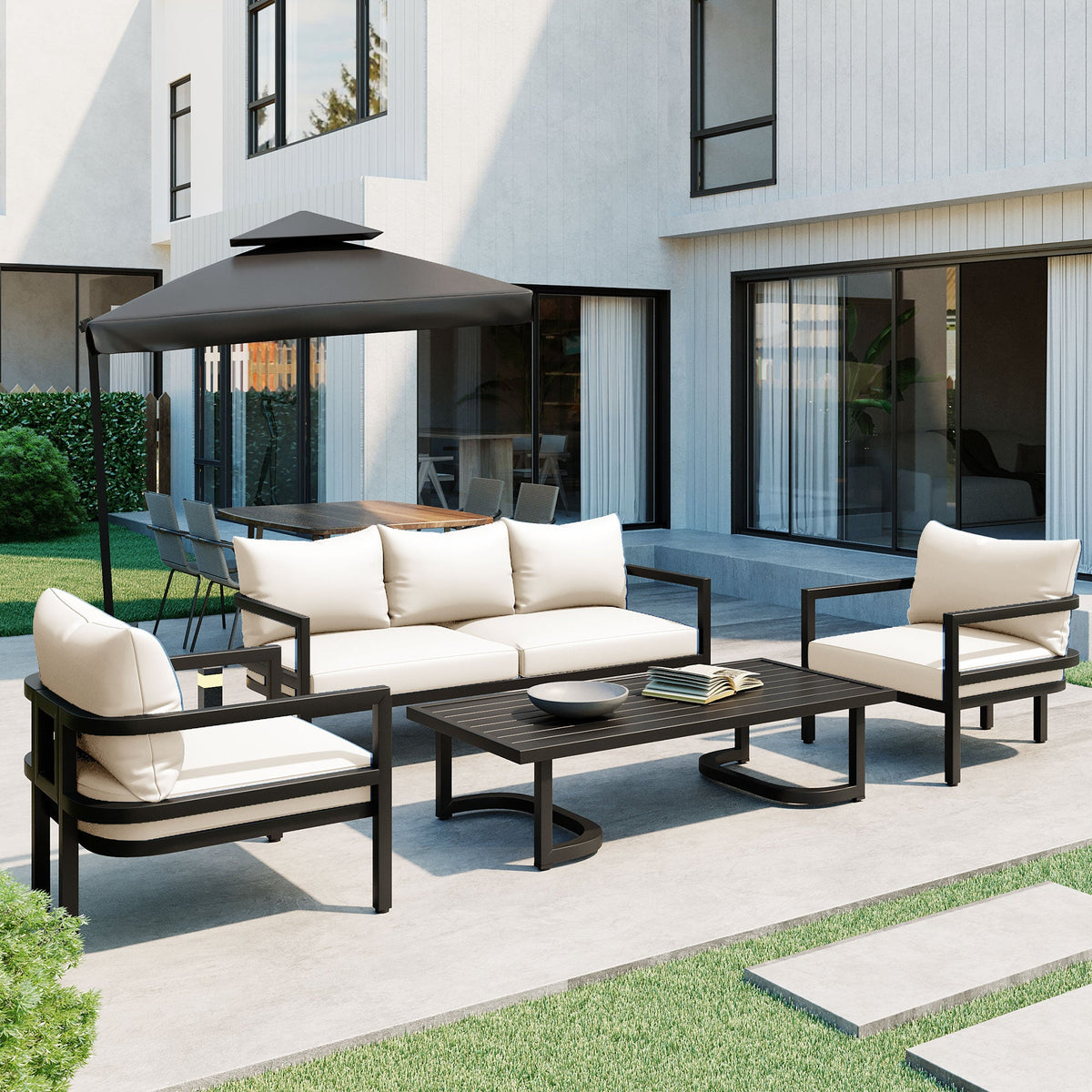 U_Style Multi-Person Outdoor Steel Sofa Set with Coffee Table