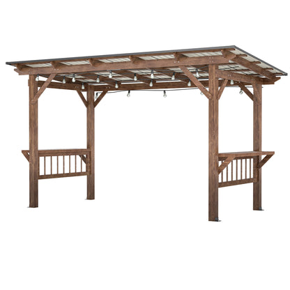 13' x 6.5' Wooden Pergola Grill Gazebo with Metal Roof & Bulbs & Bar Counters