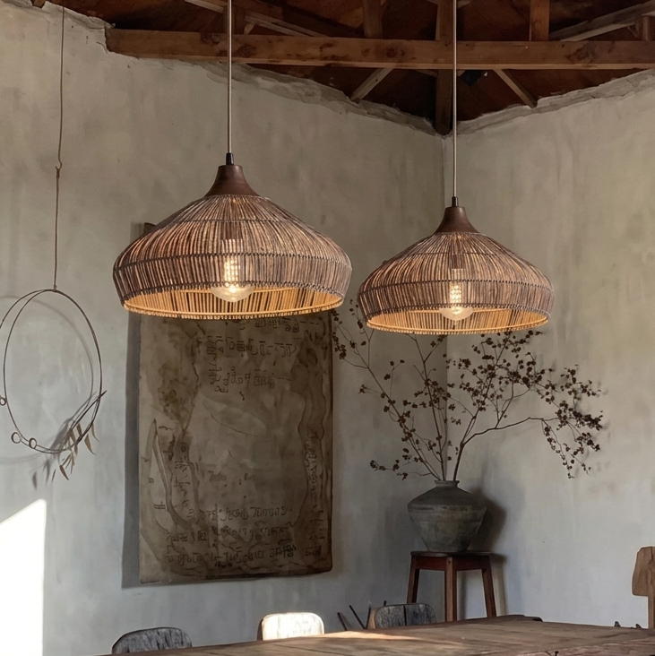 Handwoven Rattan and Wood Pendant Light | Rustic Boho Hanging Lamp