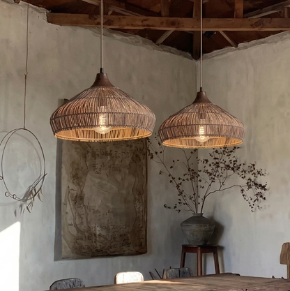 Handwoven Rattan and Wood Pendant Light | Rustic Boho Hanging Lamp
