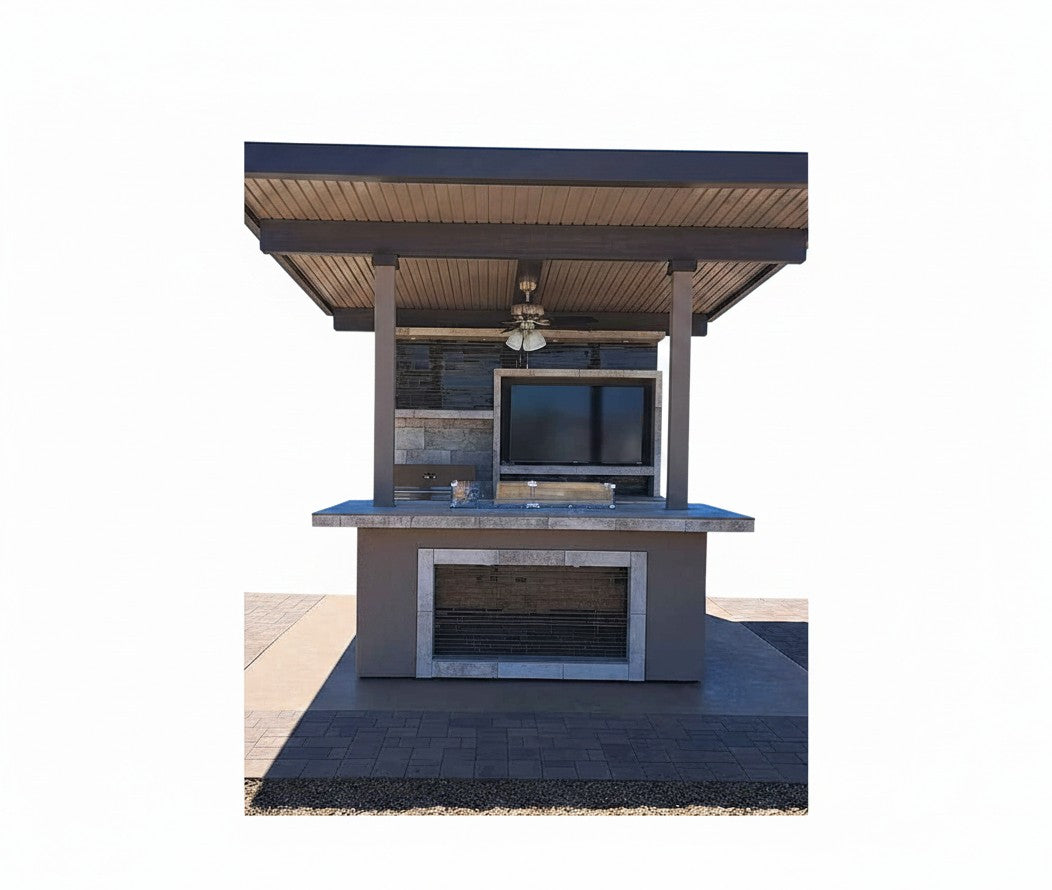 Luxterra Outdoor Living KoKoMo Baja modular BBQ island with grill, fridge, bar seating, and 12x12 patio cover.