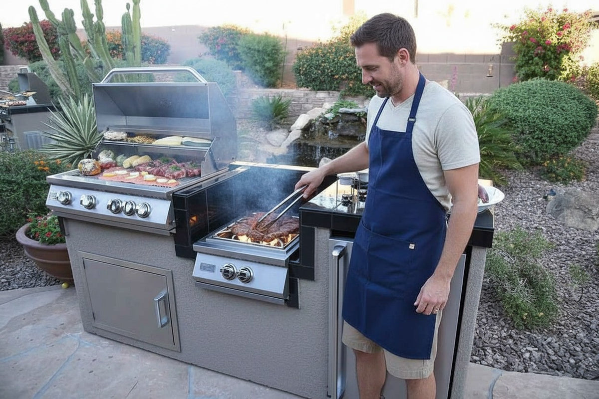 Luxterra Outdoor Living KoKoMo BBQ Island with stainless steel grill, wok burner, and refrigerator in a backyard.