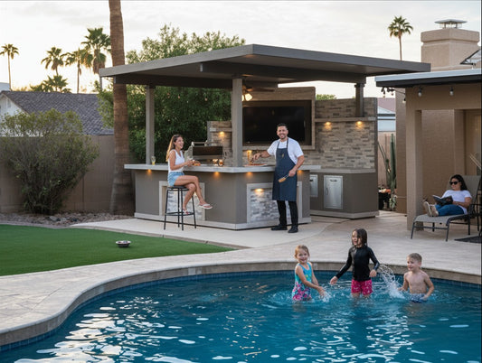 Luxterra Outdoor Living KoKoMo Bermuda BBQ island with built-in TV and fire pit in a luxury backyard pool setting.