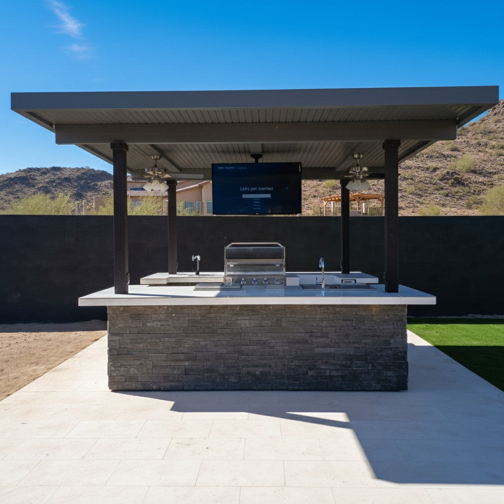 Luxterra Outdoor Living KoKoMo Big Island sports bar with built-in stainless steel grill, porcelain top, and outdoor TV