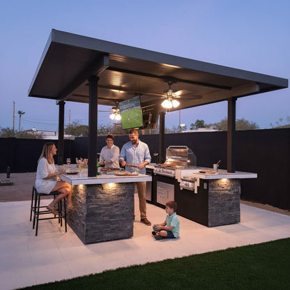Luxterra Outdoor Living KoKoMo Big Island sports bar with built-in grill, porcelain countertop, and dual outdoor TVs.