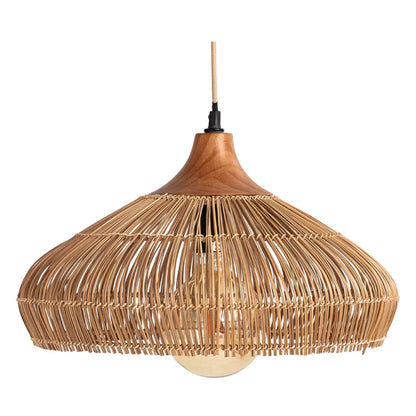 Handwoven Rattan and Wood Pendant Light | Rustic Boho Hanging Lamp