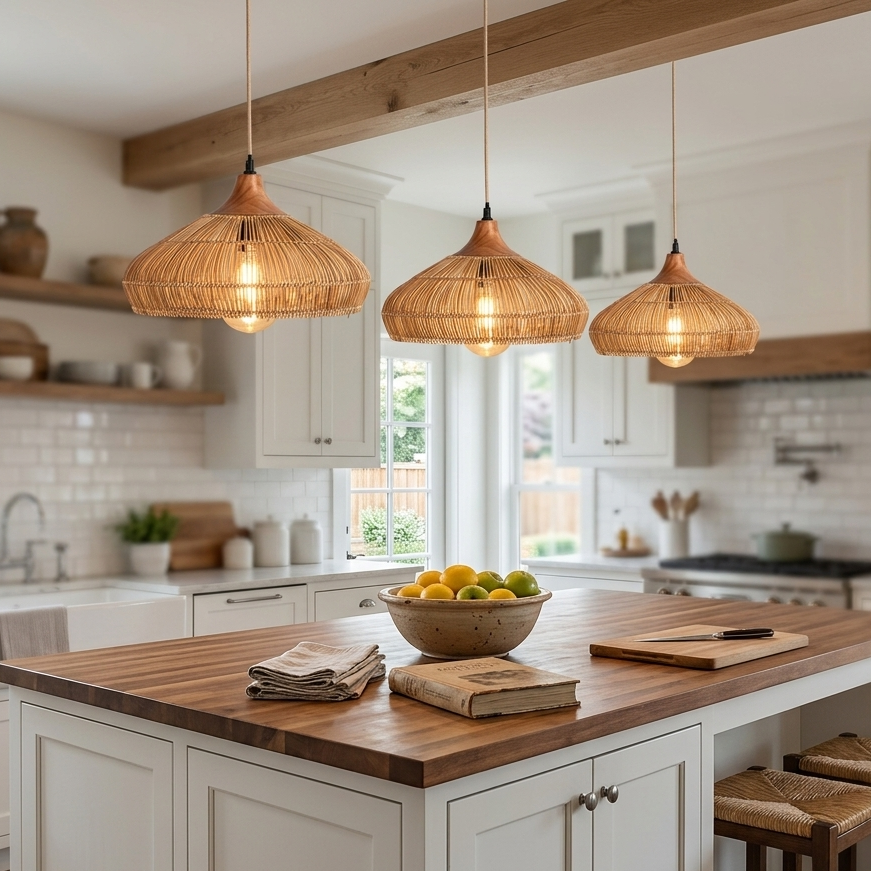 Handwoven Rattan and Wood Pendant Light | Rustic Boho Hanging Lamp