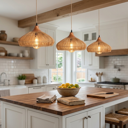 Handwoven Rattan and Wood Pendant Light | Rustic Boho Hanging Lamp