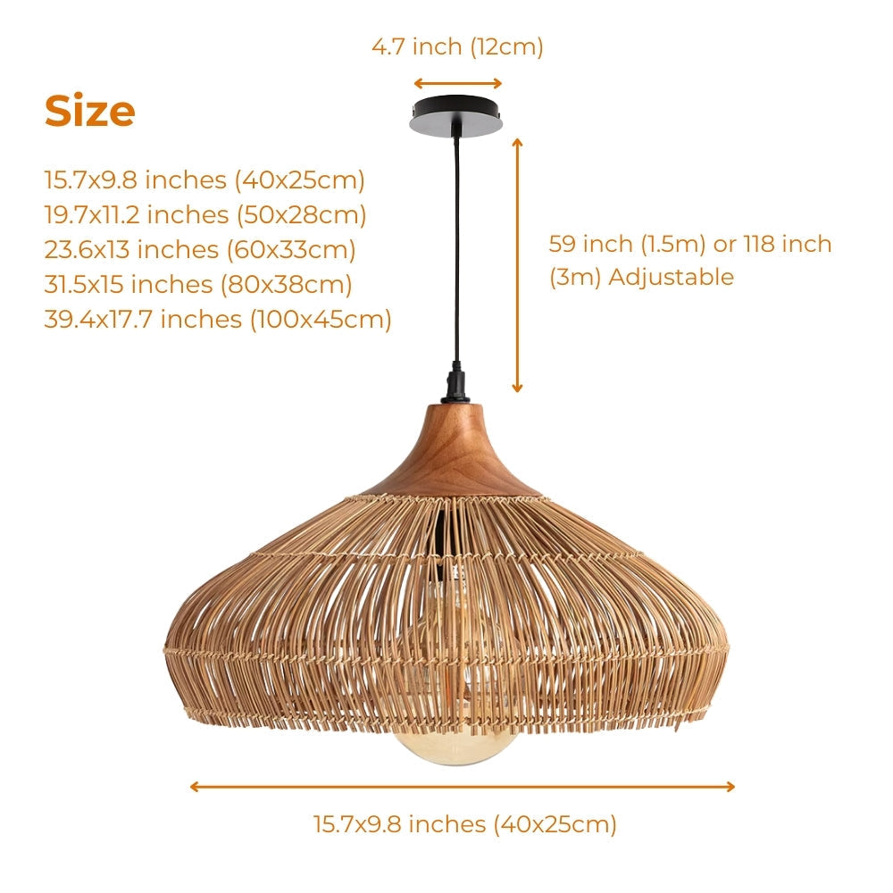 Handwoven Rattan and Wood Pendant Light | Rustic Boho Hanging Lamp