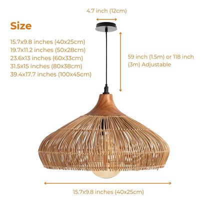 Handwoven Rattan and Wood Pendant Light | Rustic Boho Hanging Lamp