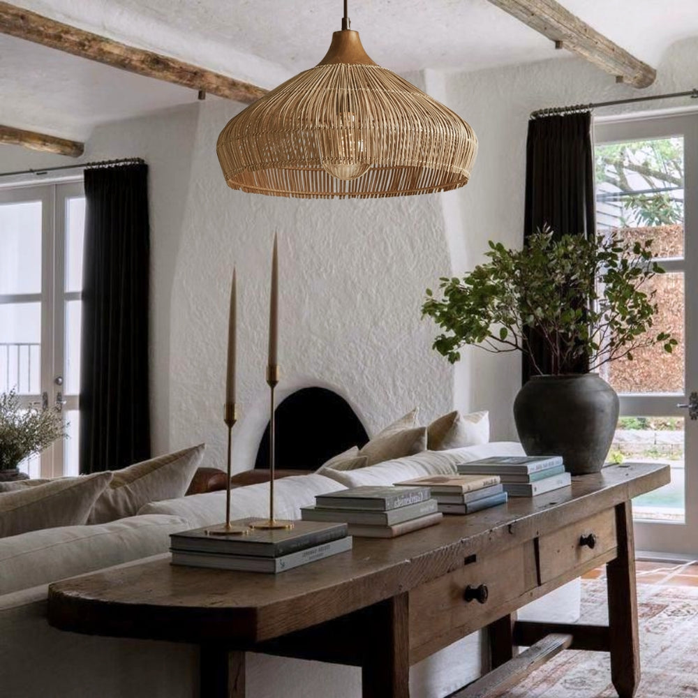 Handwoven Rattan and Wood Pendant Light | Rustic Boho Hanging Lamp