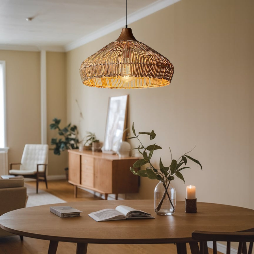 Handwoven Rattan and Wood Pendant Light | Rustic Boho Hanging Lamp