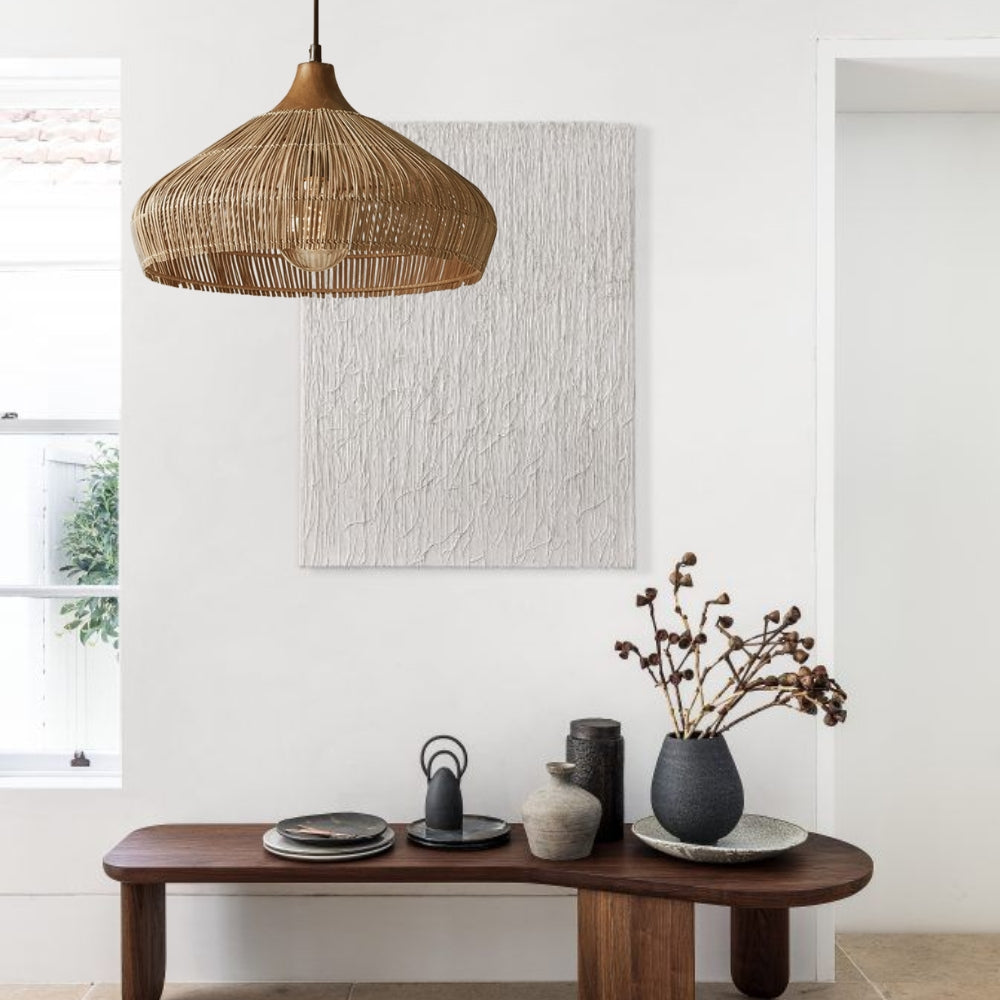 Handwoven Rattan and Wood Pendant Light | Rustic Boho Hanging Lamp
