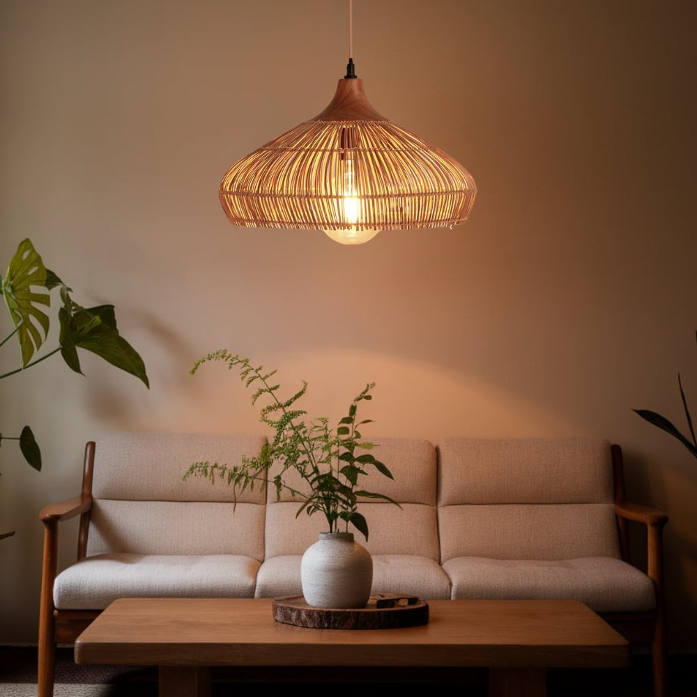 Handwoven Rattan and Wood Pendant Light | Rustic Boho Hanging Lamp