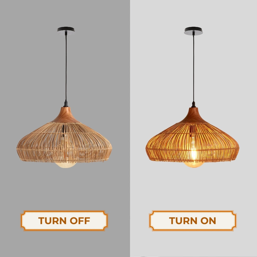Handwoven Rattan and Wood Pendant Light | Rustic Boho Hanging Lamp