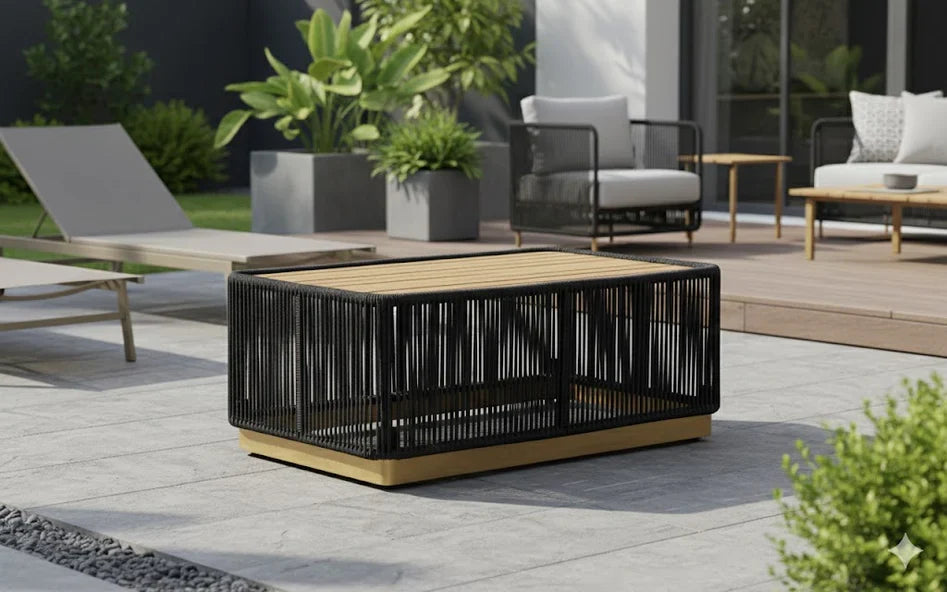 Cypress Teak Wood Sofa Set with Black Rope Design – Modern Outdoor Lounge